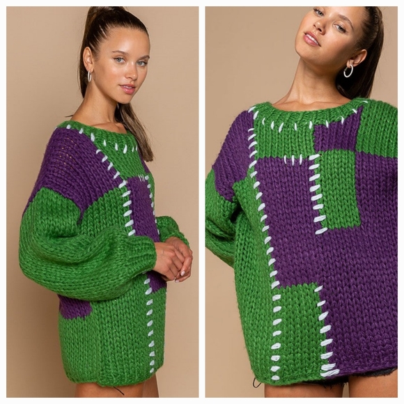 POL Clothing | Purple & Green Mardi Gras Oversized Patchwork Sweater | Small - Picture 2 of 10